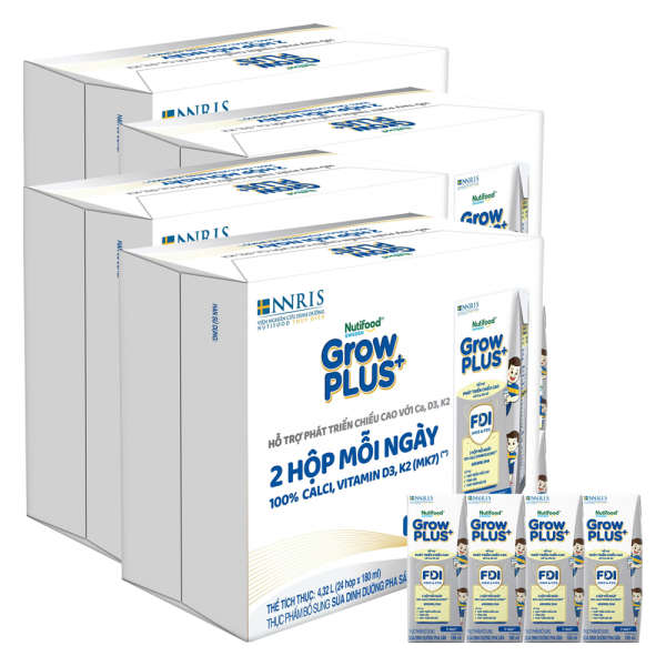 4 Thùng Sữa dinh dưỡng pha sẵn GrowPLUS+ (Bạc) 180ml, lốc 4 hộp (Từ 1 tuổi)