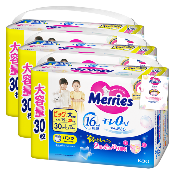 Combo 3 Tã quần Merries Ultra Jumbo (XXL, 15-28kg, 30 miếng)
