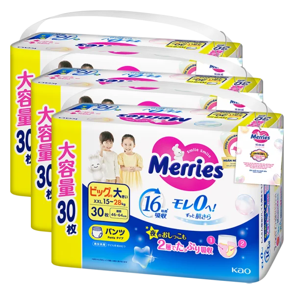 Combo 3 Tã quần Merries Ultra Jumbo (XXL, 15-28kg, 30 miếng)