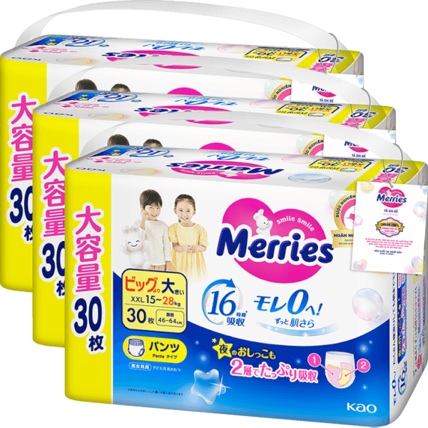 Combo 3 Tã quần Merries Ultra Jumbo (XXL, 15-28kg, 30 miếng)