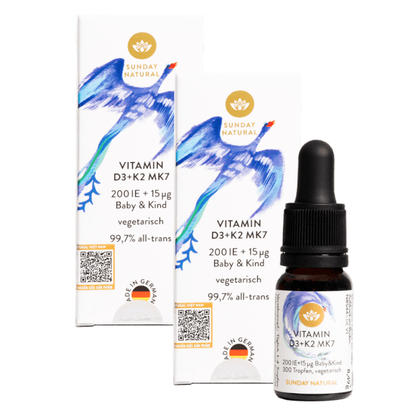 Combo 2 Thực phẩm bảo vệ sức khỏe Vitamin D3+K2 MK7 200IE + 15ug Baby&Kind Sunday Natural