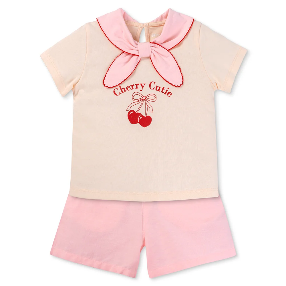 Bộ bé gái ngắn cổ nơ Animo LU1125042 (1-6Y,Kem-hồng,TT01)