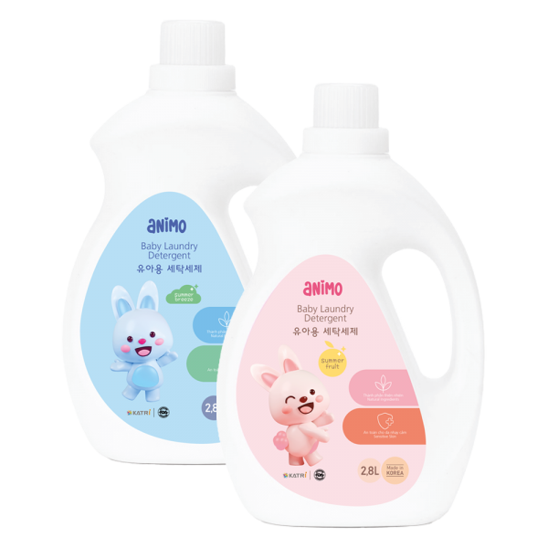 Combo 1 Nước giặt cho bé Animo hương trái cây mùa hè chai 2,8L và 1 Nước giặt cho bé Animo hương làn gió mùa hè chai 2,8L