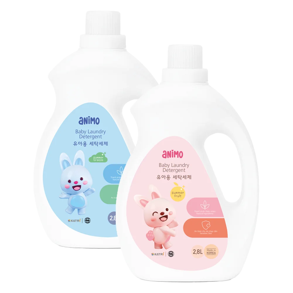 Combo 1 Nước giặt cho bé Animo hương trái cây mùa hè chai 2,8L và 1 Nước giặt cho bé Animo hương làn gió mùa hè chai 2,8L