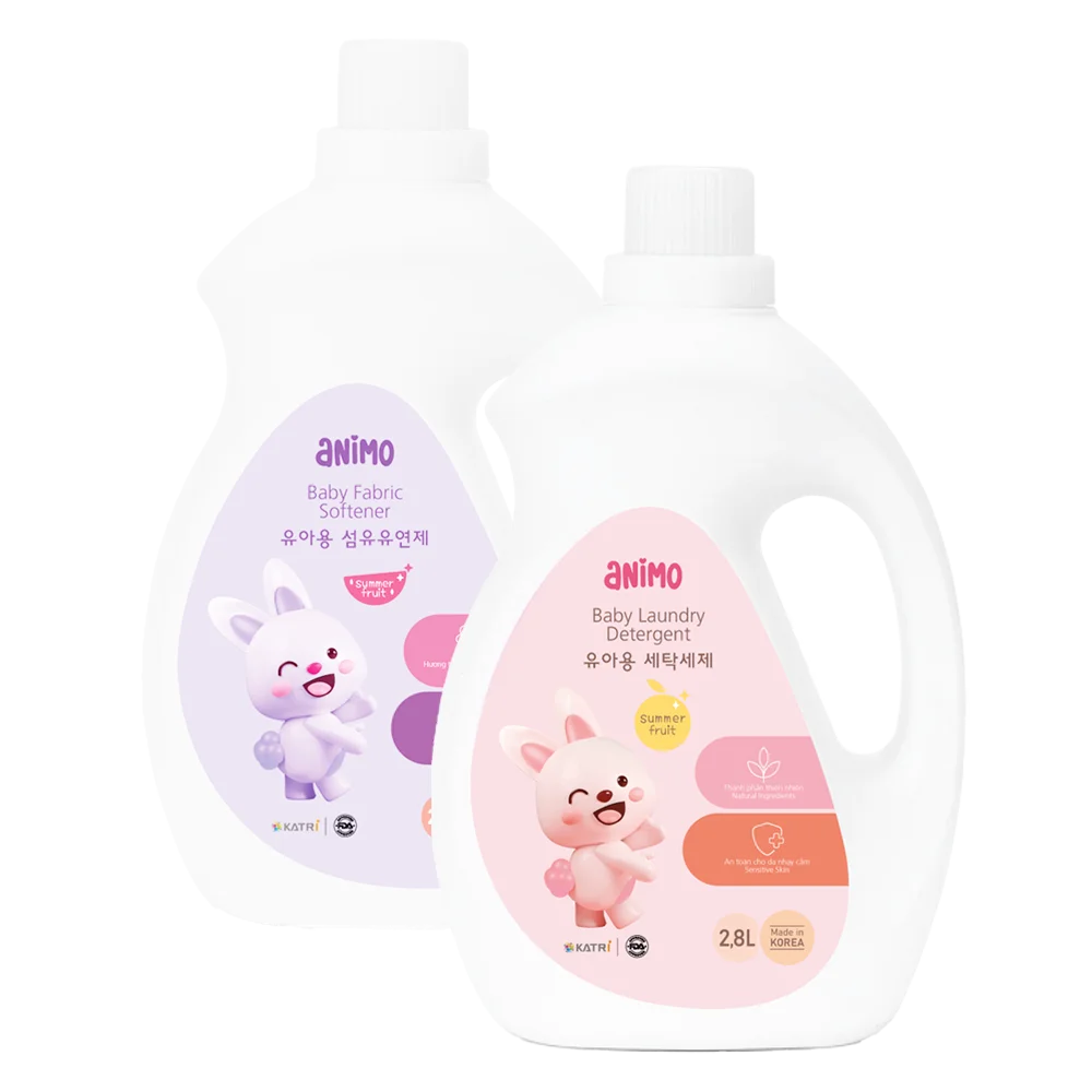 Combo 1 Nước giặt cho bé Animo hương trái cây mùa hè chai 2,8L và 1 Nước xả cho bé Animo hương  trái cây mùa hè chai 2,8L