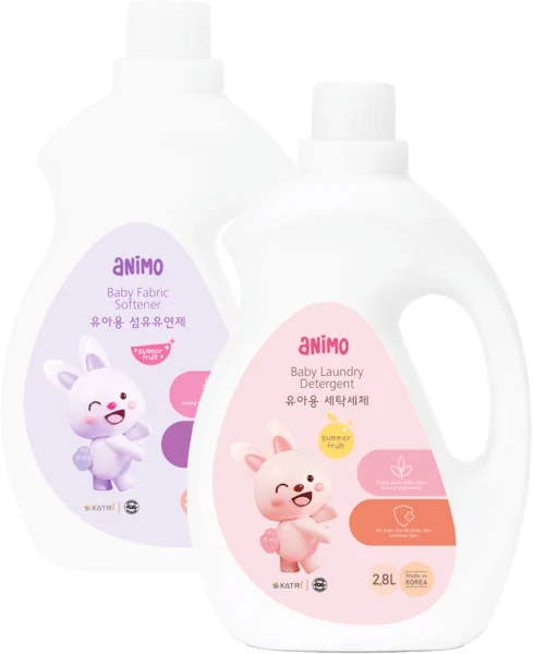 Combo 1 Nước giặt cho bé Animo hương trái cây mùa hè chai 2,8L và 1 Nước xả cho bé Animo hương  trái cây mùa hè chai 2,8L