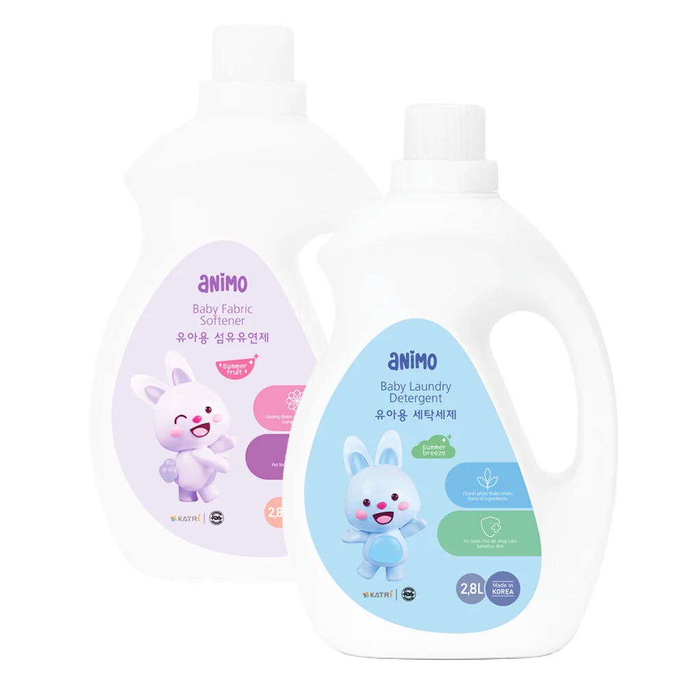 Combo 1 Nước giặt cho bé Animo hương làn gió mùa hè chai 2,8L và 1 Nước xả cho bé Animo hương  trái cây mùa hè chai 2,8L