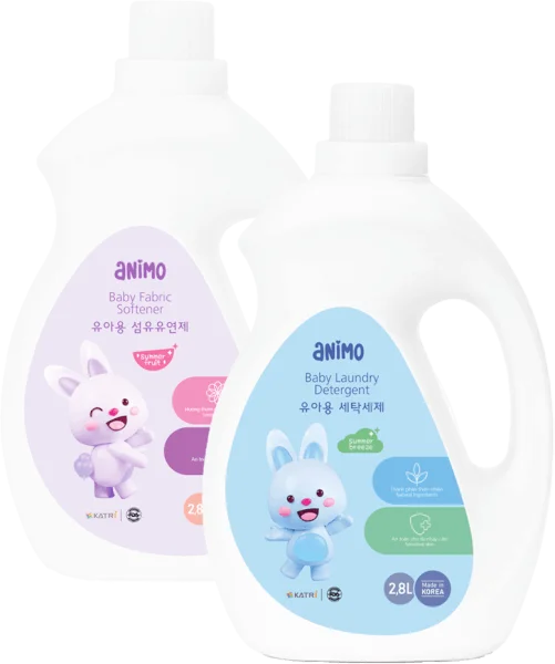 Combo 1 Nước giặt cho bé Animo hương làn gió mùa hè chai 2,8L và 1 Nước xả cho bé Animo hương  trái cây mùa hè chai 2,8L