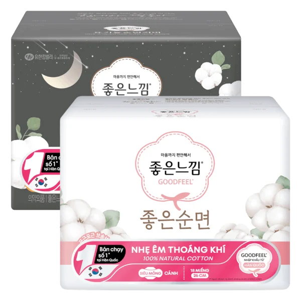 Combo 1 Băng vệ sinh GoodFeel bề mặt cotton tự nhiên 26cm (18 miếng) và 1 Băng vệ sinh GoodFeel lõi cotton ban đêm 33cm (12 miếng)