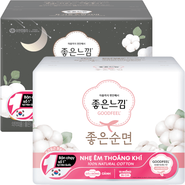 Combo 1 Băng vệ sinh GoodFeel bề mặt cotton tự nhiên 26cm (18 miếng) và 1 Băng vệ sinh GoodFeel lõi cotton ban đêm 33cm (12 miếng)