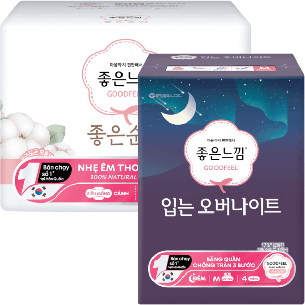 Combo 1 Băng vệ sinh GoodFeel bề mặt cotton tự nhiên 26cm (18 miếng) và 1 Băng vệ sinh quần GoodFeel (4 miếng)
