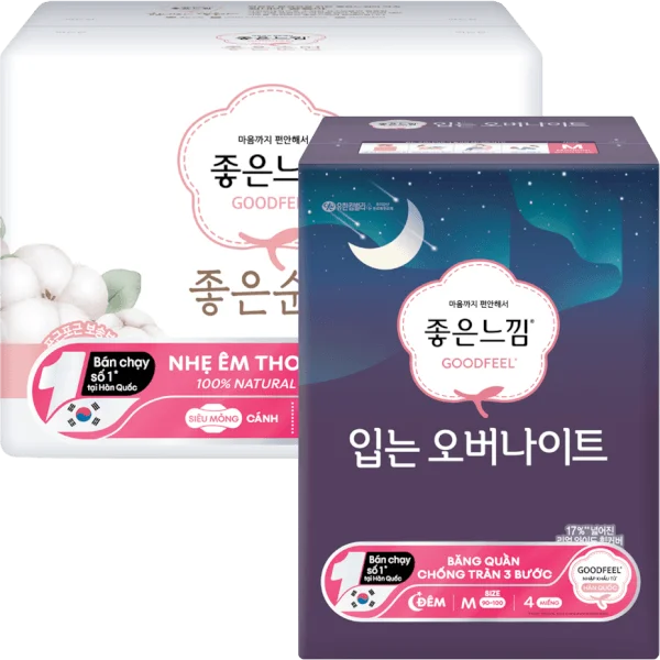 Combo 1 Băng vệ sinh GoodFeel bề mặt cotton tự nhiên 26cm (18 miếng) và 1 Băng vệ sinh quần GoodFeel (4 miếng)