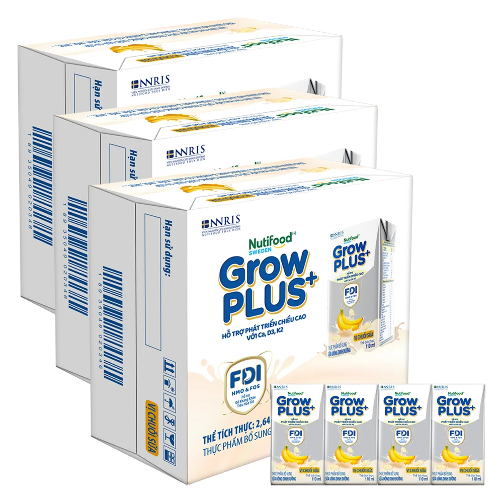 Combo 3 thùng Sữa bột pha sẵn GrowPLUS+ vị chuối 110ml (lốc 4 hộp) (Trên 1 tuổi)