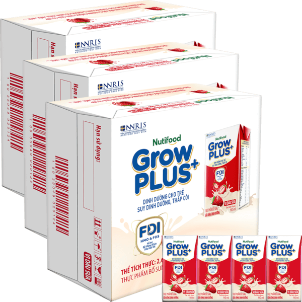 Combo 3 thùng Sữa bột pha sẵn GrowPLUS+ vị dâu 110ml (lốc 4 hộp) (Trên 1 tuổi)