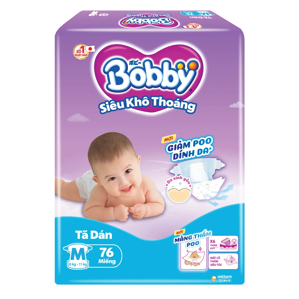 Bỉm tã dán Bobby siêu thấm size M 76 miếng (6-10kg) (giao bao bì ngẫu nhiên)