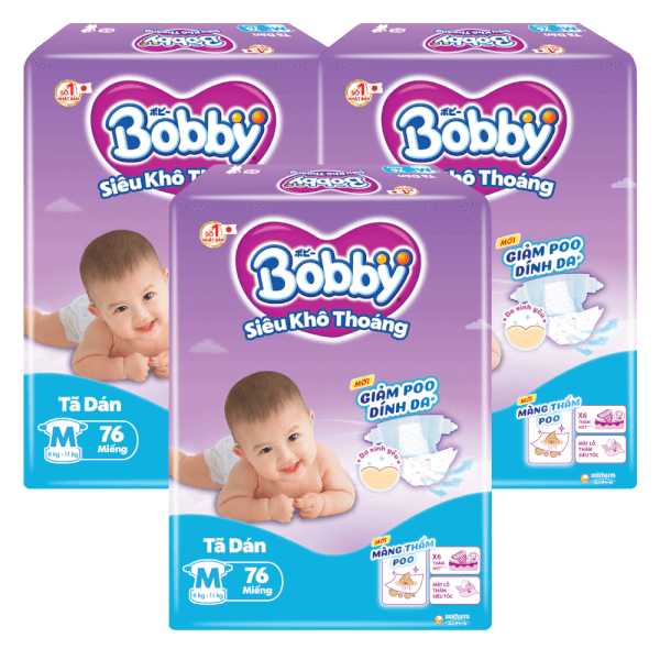 Combo 3 gói Bỉm tã dán Bobby siêu thấm size M 76 miếng (6-10kg) (giao bao bì ngẫu nhiên)