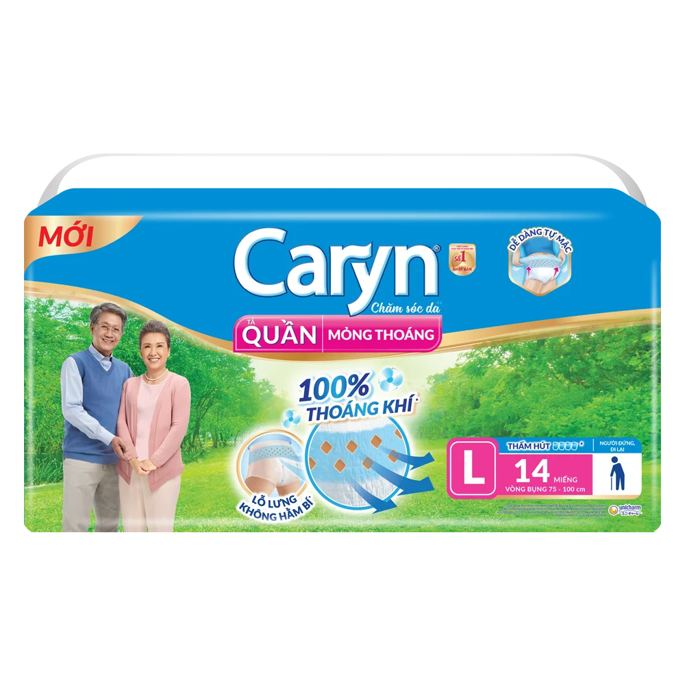 Tã quần năng hoạt Caryn loại mỏng nhẹ  size L (bụng 75-100 cm) - 14 miếng (giao bao bì ngẫu nhiên)