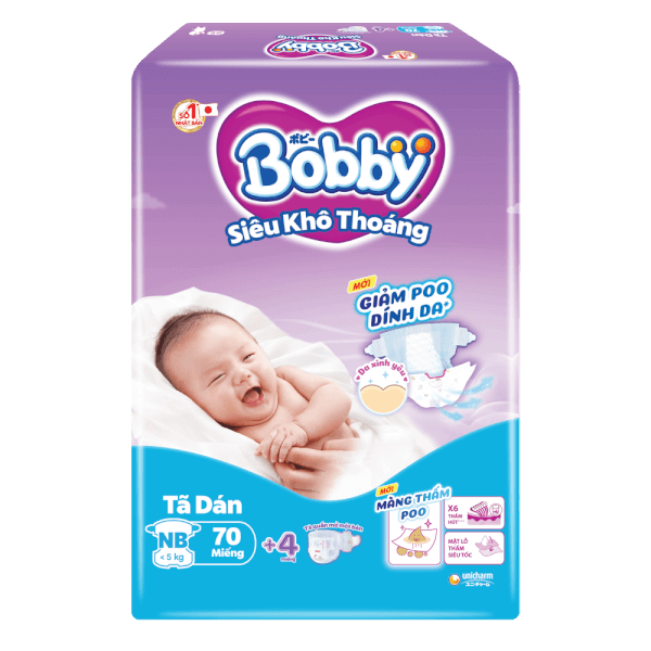 Tã dán Bobby siêu thấm - khô thoáng  (Sơ sinh, dưới 5kg, 70 miếng) (giao bao bì ngẫu nhiên)