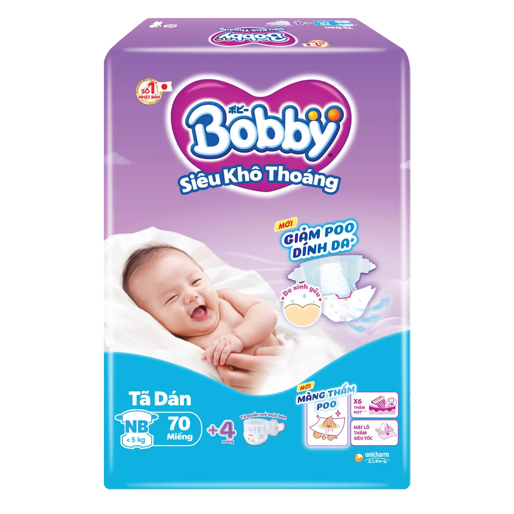 Tã dán Bobby siêu thấm - khô thoáng  (Sơ sinh, dưới 5kg, 70 miếng) (giao bao bì ngẫu nhiên)