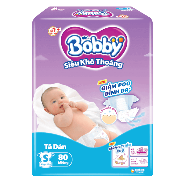 Tã dán Bobby siêu thấm - khô thoáng  (S, 4-8kg, 80 miếng) (giao bao bì ngẫu nhiên)