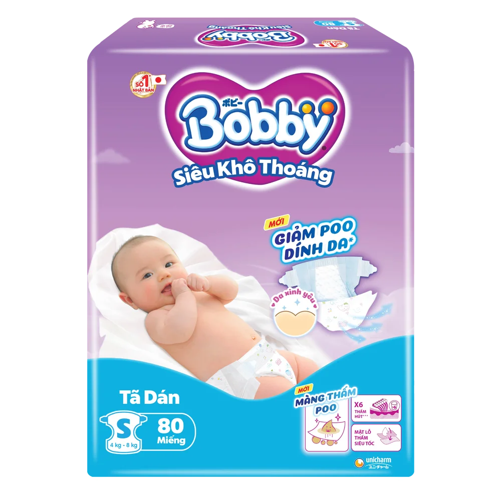 Tã dán Bobby siêu thấm - khô thoáng  (S, 4-8kg, 80 miếng) (giao bao bì ngẫu nhiên)