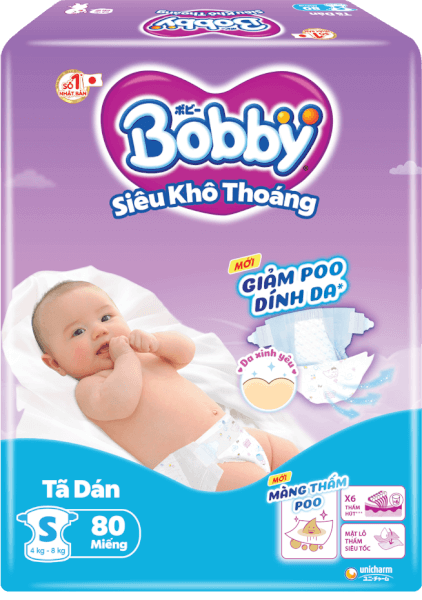 Tã dán Bobby siêu thấm - khô thoáng  (S, 4-8kg, 80 miếng) (giao bao bì ngẫu nhiên)