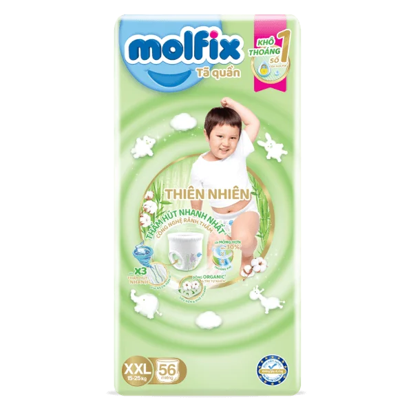 Combo 4 Tã quần Molfix Thiên Nhiên (XXL, 15 - 25kg, 56 miếng) (giao bao bì ngẫu nhiên)