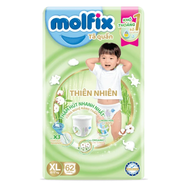 Combo 4 Tã quần Molfix thiên nhiên (XL, 12-17kg, 62 miếng) (giao bao bì ngẫu nhiên)