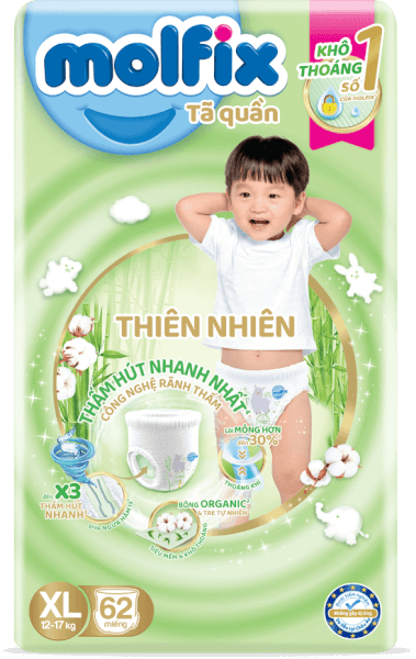 Tã quần Molfix thiên nhiên (XL, 12-17kg, 62 miếng) (giao bao bì ngẫu nhiên)