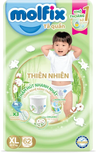 Tã quần Molfix thiên nhiên (XL, 12-17kg, 62 miếng) (giao bao bì ngẫu nhiên)