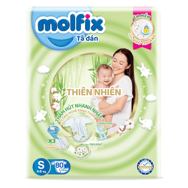 Bỉm tã dán Molfix Thiên nhiên (S, 4-8kg, 80 miếng) (giao bao bì ngẫu nhiên)