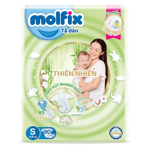 Bỉm tã dán Molfix Thiên nhiên (S, 4-8kg, 80 miếng) (giao bao bì ngẫu nhiên)
