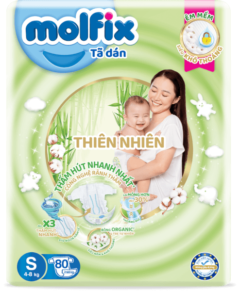 Bỉm tã dán Molfix Thiên nhiên (S, 4-8kg, 80 miếng) (giao bao bì ngẫu nhiên)
