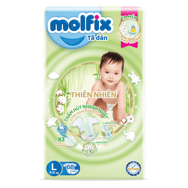 Bỉm tã dán Molfix Thiên Nhiên (L, 9-13kg, 68 miếng) (giao bao bì ngẫu nhiên)