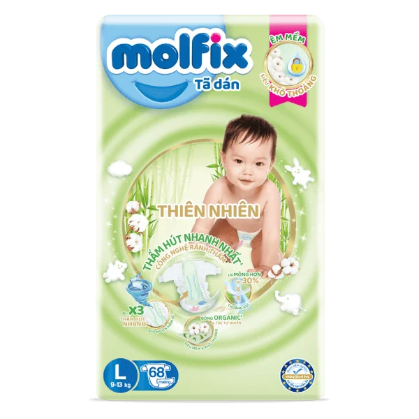 Bỉm tã dán Molfix Thiên Nhiên (L, 9-13kg, 68 miếng) (giao bao bì ngẫu nhiên)