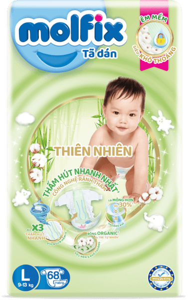 Bỉm tã dán Molfix Thiên Nhiên (L, 9-13kg, 68 miếng) (giao bao bì ngẫu nhiên)