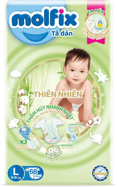 Bỉm tã dán Molfix Thiên Nhiên (L, 9-13kg, 68 miếng) (giao bao bì ngẫu nhiên)