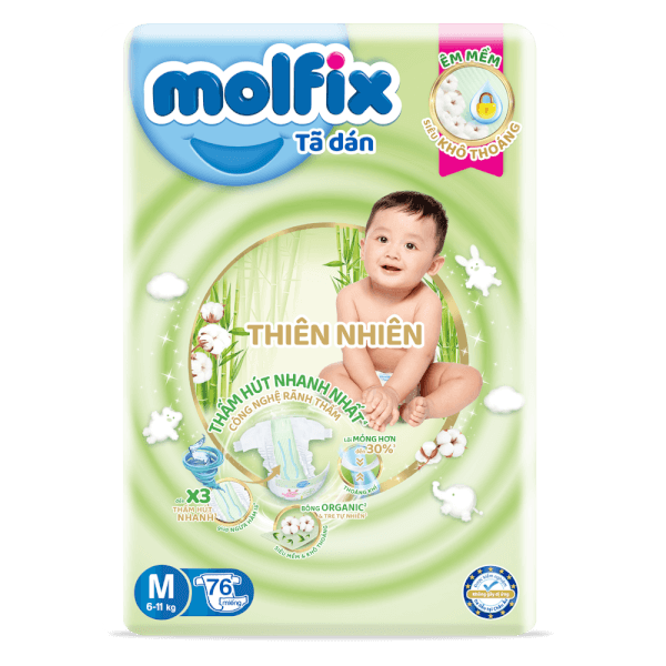 Bỉm tã dán Molfix Thiên Nhiên (M, 6-11kg, 76 miếng) (giao bao bì ngẫu nhiên)