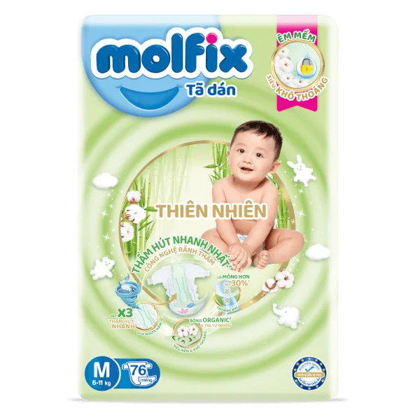 Combo 3 Bỉm tã dán Molfix thiên nhiên (M, 6-11kg, 76 miếng)