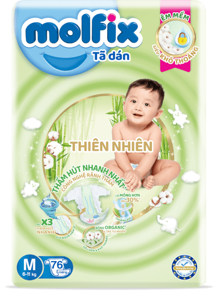 Bỉm tã dán Molfix Thiên Nhiên (M, 6-11kg, 76 miếng) (giao bao bì ngẫu nhiên)