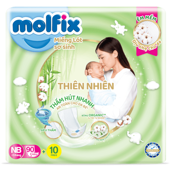 Miếng lót Molfix Thiên Nhiên (Newborn 1, < 1 tháng, 90 miếng + 10 miếng)
