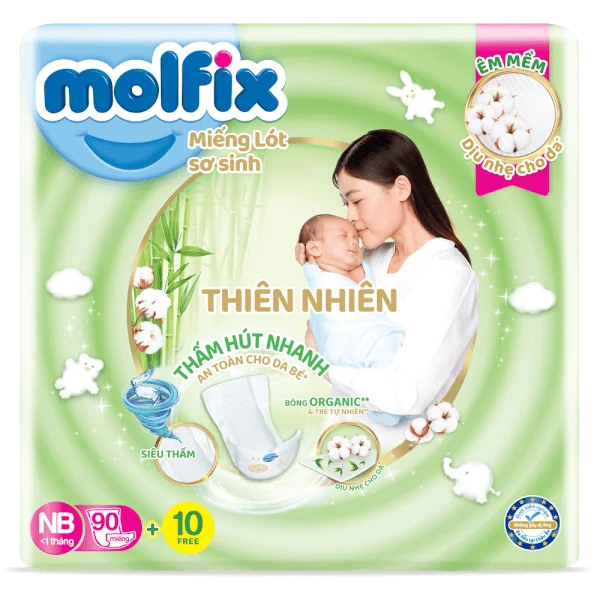 Combo 2 Miếng lót Molfix Thiên Nhiên (Newborn 1, < 1 tháng, 90 miếng + 10 miếng)