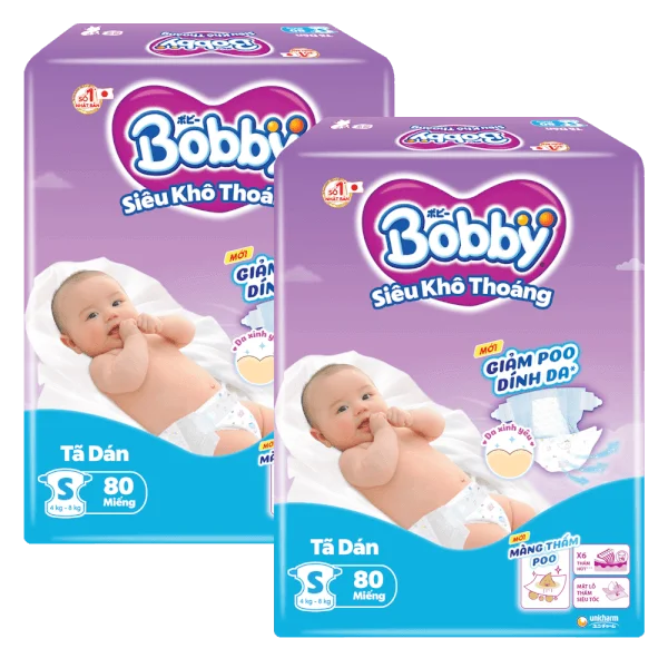 Combo 2 Tã dán Bobby siêu thấm - khô thoáng  (S, 4-8kg, 80 miếng)