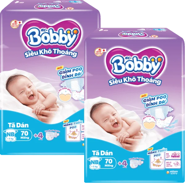 Combo 2 Tã dán Bobby siêu thấm - khô thoáng  (Sơ sinh, dưới 5kg, 70 miếng) (giao bao bì ngẫu nhiên)