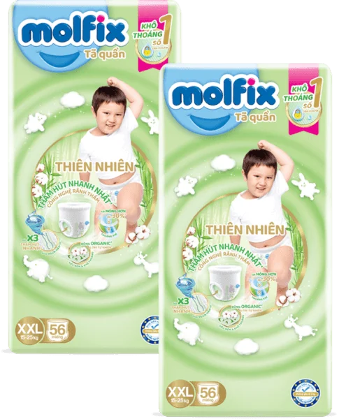 Combo 2 Tã quần Molfix Thiên Nhiên (XXL, 15 - 25kg, 56 miếng) (giao bao bì ngẫu nhiên)