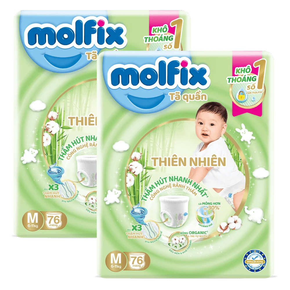 Combo 2 Tã quần Molfix Thiên Nhiên (M, 6 - 11kg, 76 miếng) (giao bao bì ngẫu nhiên)