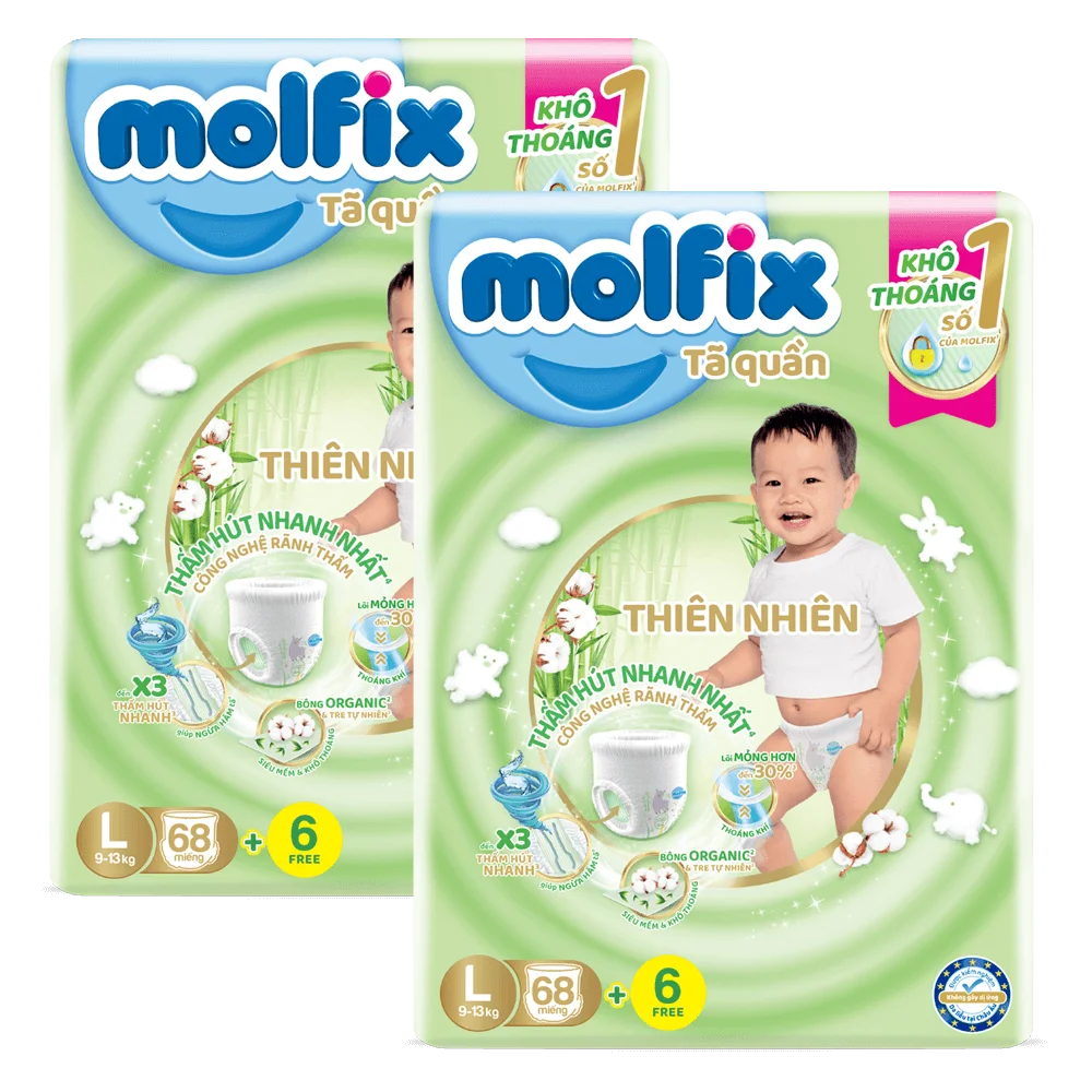 Combo 2 Tã quần Molfix (L, 9 - 13kg, 68 miếng) (giao bao bì ngẫu nhiên)