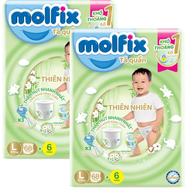 Combo 2 Tã quần Molfix (L, 9 - 13kg, 68 miếng) (giao bao bì ngẫu nhiên)