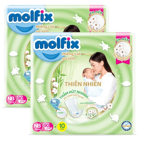 Combo 2 Miếng lót Molfix Thiên Nhiên (Newborn 1, < 1 tháng, 90 miếng + 10 miếng)