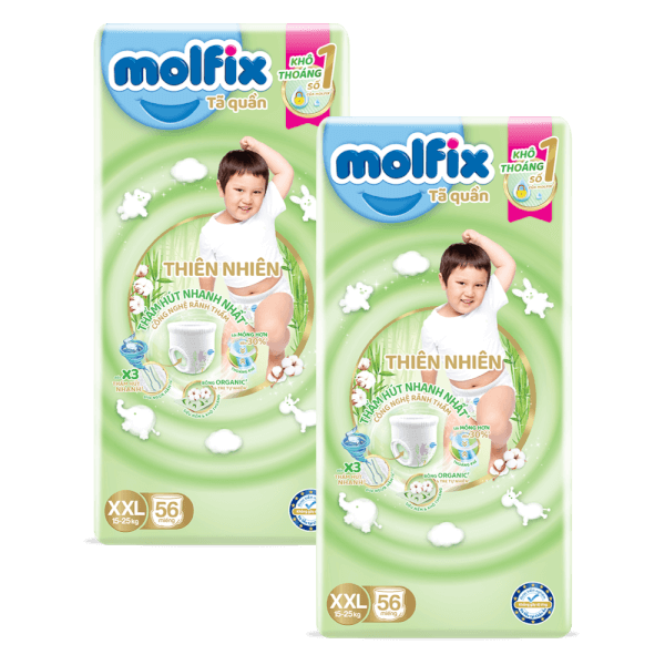 Combo 2 Tã quần Molfix Thiên Nhiên (XXL, 15 - 25kg, 56 miếng) (giao bao bì ngẫu nhiên)